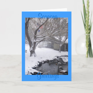 SEASONS GREETINGS - American Flag, Winter Scene Holiday Card