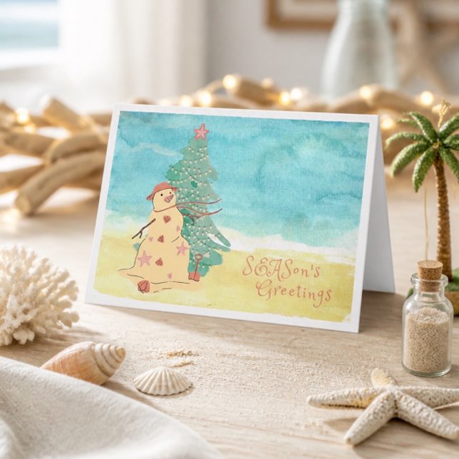 Season's Greetings Beach Snowman Holiday Card (Creator Uploaded)