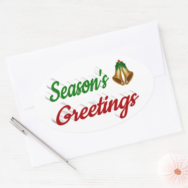Seasons Greetings Bells Christmas red green script Oval Sticker (Envelope)