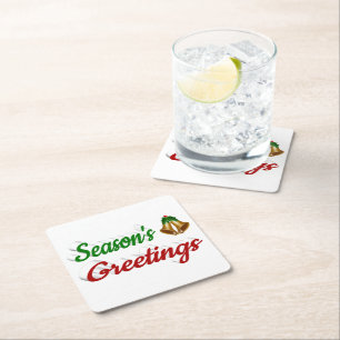 Seasons Greetings Bells Christmas red green script Square Paper Coaster