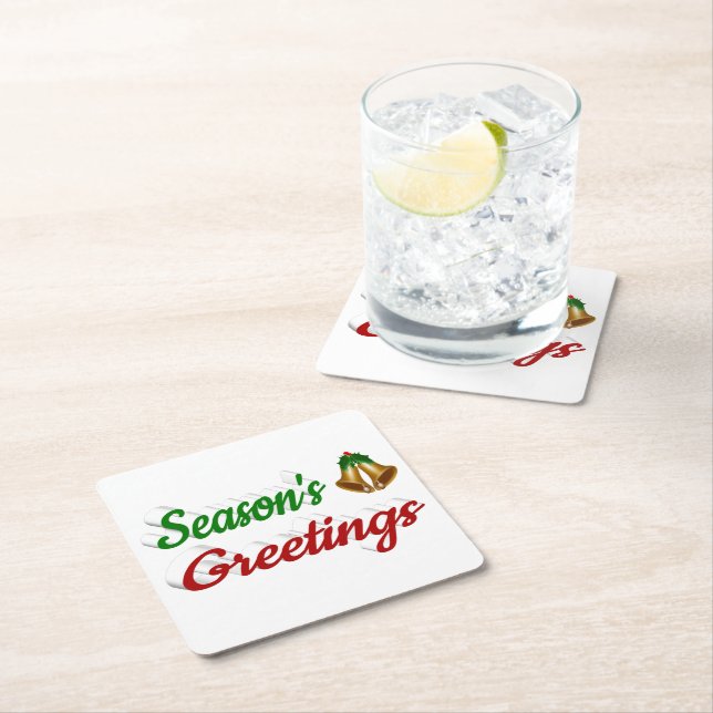 Seasons Greetings Bells Christmas red green script Square Paper Coaster (Insitu)