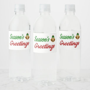 Seasons Greetings Bells Christmas red green script Water Bottle Label