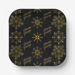 Season's Greetings Black And Gold Snowflakes Paper Plate