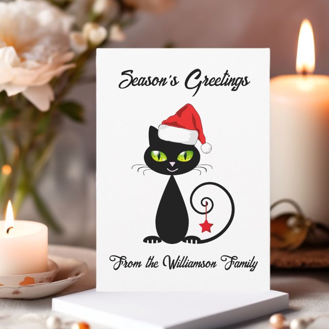 Seasons Greetings Black Santa Claus Christmas Cat Holiday Card (Creator Uploaded)