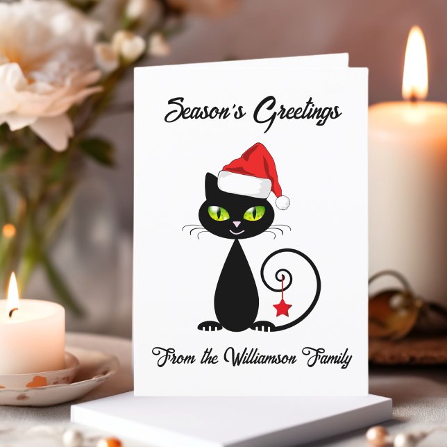 Seasons Greetings Black Santa Claus Christmas Cat Holiday Card (Creator Uploaded)