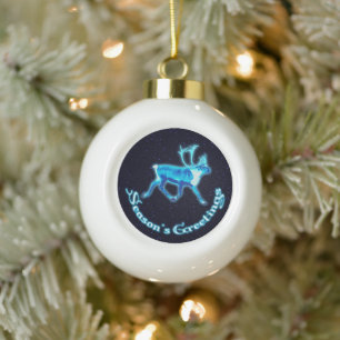 Season's Greetings - Blue Caribou (Reindeer) Ceramic Ball Christmas Ornament