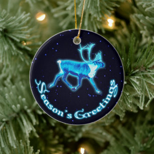 Season's Greetings - Blue Caribou (Reindeer) Ceramic Tree Decoration