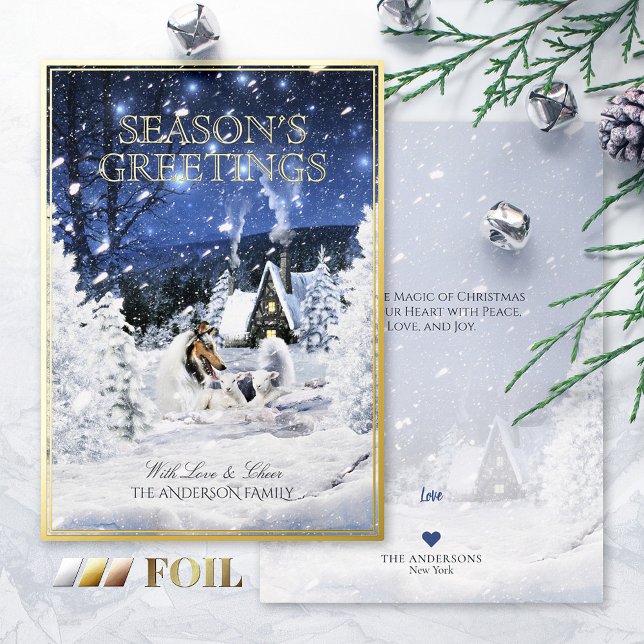 Seasons Greetings, Blue Merle Collie Dog & Lambs - Foil Holiday Card (Creator Uploaded)