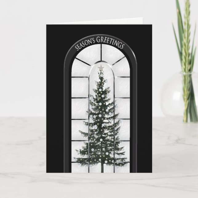Season's Greetings - Business - Black/Tree/Window Holiday Card (Front)