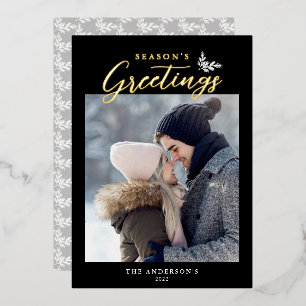 Season's Greetings Calligraphy Photo Black Gold Foil Holiday Card