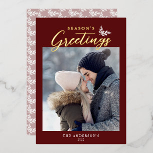 Season's Greetings Calligraphy Photo Red Gold Foil Holiday Card
