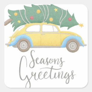 Seasons Greetings Car & Tree Square Sticker