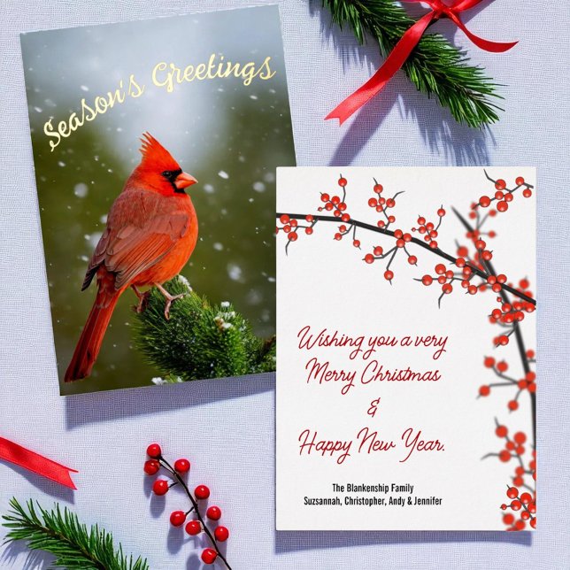 Season's Greetings Cardinal On Evergreen In Snow Foil Holiday Card (Christmas card foil template )