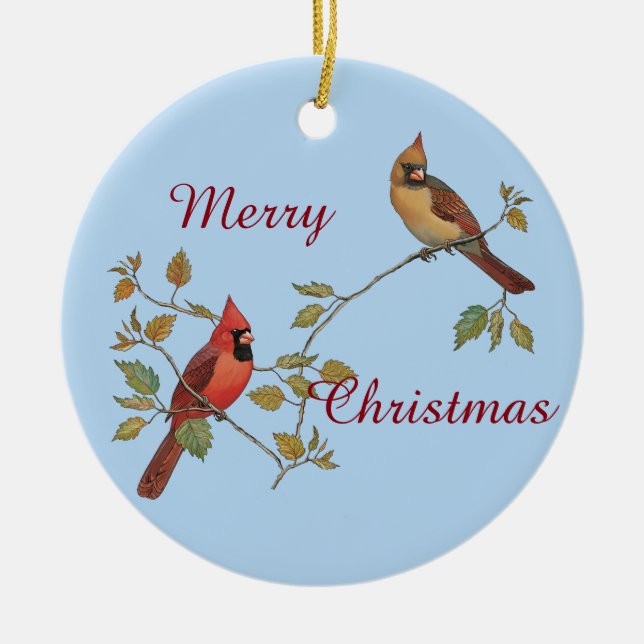 Season's Greetings Cardinals Ceramic Tree Decoration (Front)
