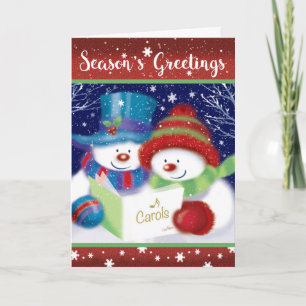 Season's Greetings, Carol Singing Snowman & woman Holiday Card
