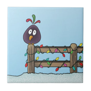 Seasons Greetings Cartoon Bird on Fence Ceramic Tile