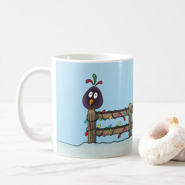 Seasons Greetings Cartoon Bird on Fence Coffee Mug (With Donut)