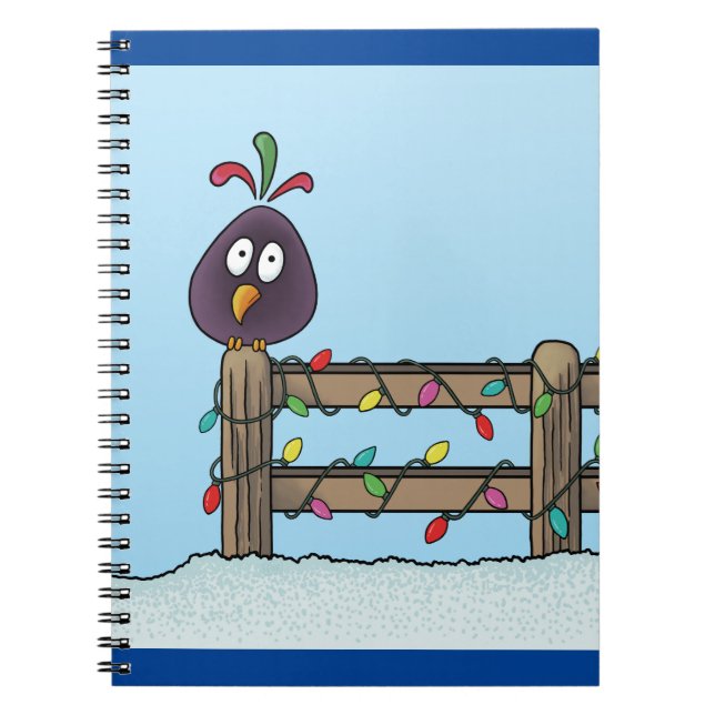 Seasons Greetings Cartoon Bird on Fence Notebook (Front)