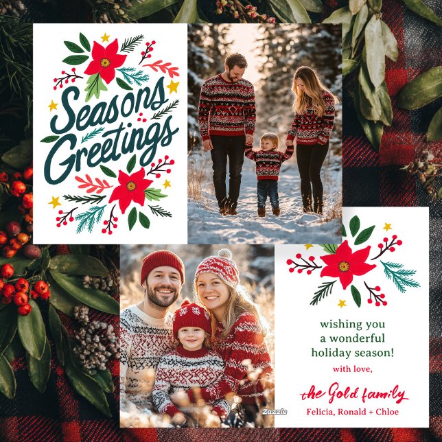 SEASONS GREETINGS Christmas CUSTOM 2 PHOTO Holiday Card (SEASONS GREETINGS Christmas CUSTOM Two PHOTO hand Drawn Poinsettia Holiday Card
)