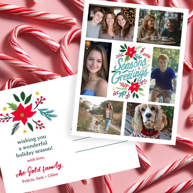 SEASONS GREETINGS Christmas CUSTOM 6 PHOTO Holiday Postcard (SEASONS GREETINGS Hand-drawn Christmas CUSTOM 6 PHOTO Collage Holiday Postcard
)