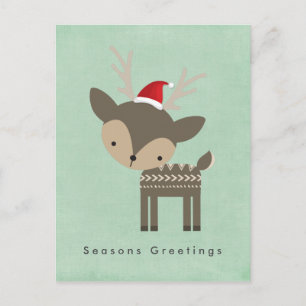 Seasons Greetings Christmas Deer In Red Santa Hat Holiday Postcard