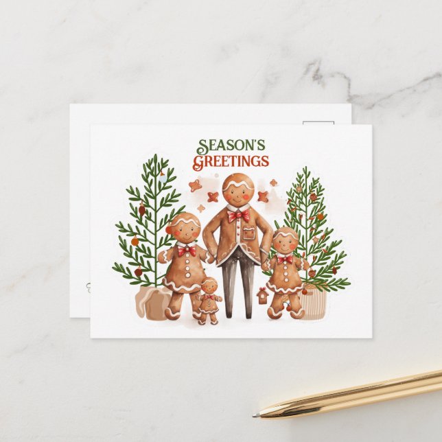 Season's Greetings Christmas Gingerbread Family Postcard (Front/Back In Situ)