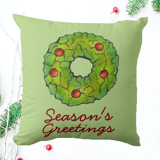 Season's Greetings Christmas Holly Wreath Cookie Cushion (Wreath pillow)