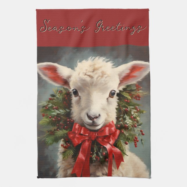 Season's Greetings Christmas Lamb Kitchen Towel (Vertical)