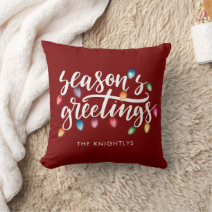 Seasons Greetings Christmas Lights Name Red Cushion