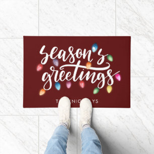 Seasons Greetings Christmas Lights Name Red Doormat