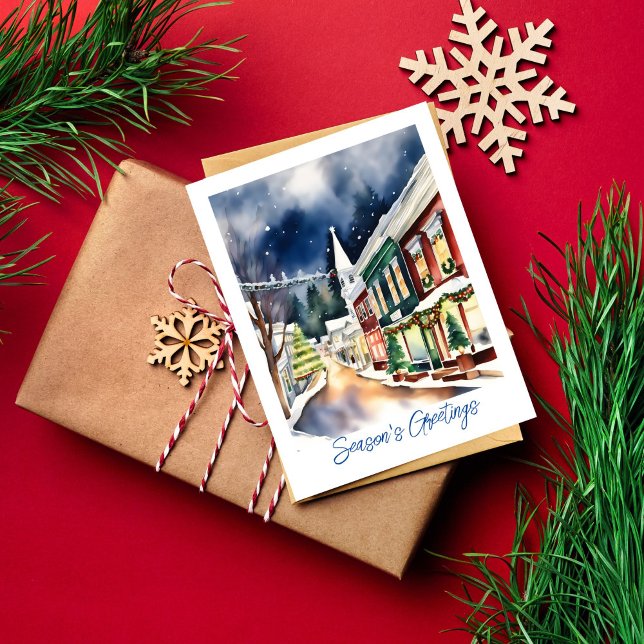 Seasons greetings Christmas street California Postcard (Season's greetings Christmas snowy winter Nevada City California watercolor postcard)