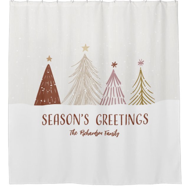 Seasons Greetings Christmas Trees Family Name Chic Shower Curtain (Front)