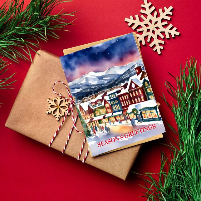 Seasons greetings Christmas winter street Colorado Postcard (Seasons greetings watercolor Christmas winter street Breckenridge Colorado Postcard charming town)