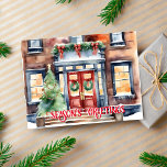 Seasons greetings Christmas winter street New York Postcard<br><div class="desc">Seasons greetings Christmas snowy winter New York street Christmas decorated building greetings Christmas new year postcard,  snow winter wonderland in New York modern watercolor</div>