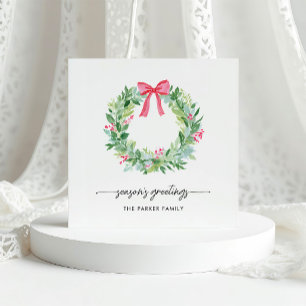 Seasons Greetings   Christmas Wreath and Red Bow Holiday Card