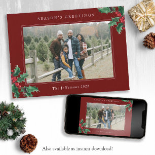 Season's Greetings Classic Holly Red Christmas Card