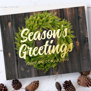 Season's Greetings Country Rustic Pine Wreath Wood Foil Holiday Card