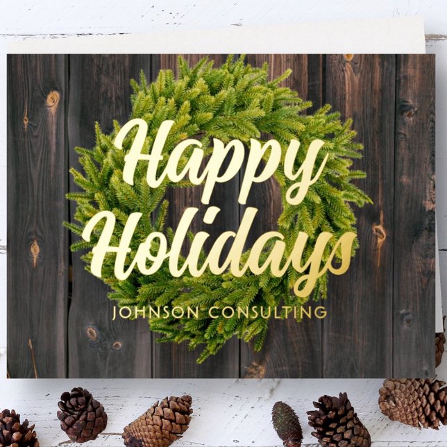 Season's Greetings Country Rustic Pine Wreath Wood Foil Holiday Card (Creator Uploaded)