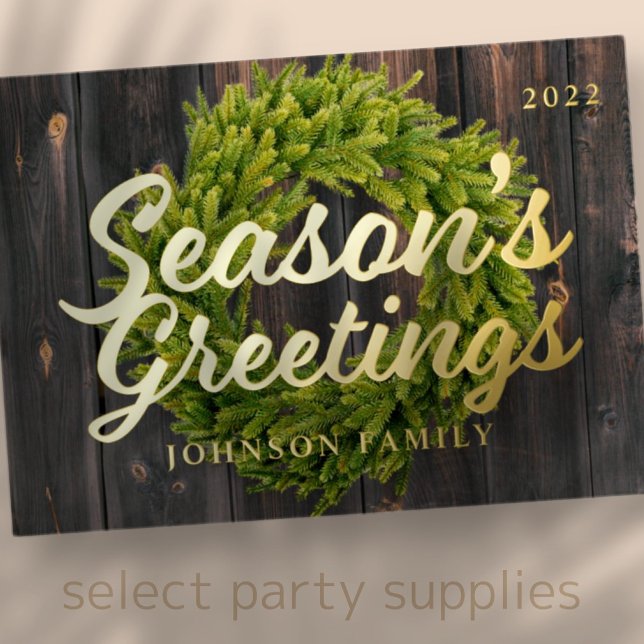 Season's Greetings Country Rustic Pine Wreath Wood Foil Holiday Card (Creator Uploaded)