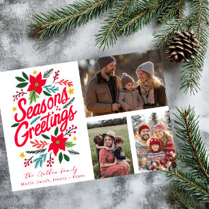 SEASONS GREETINGS CUSTOM 3 PHOTO Grid HOLIDAY Card
