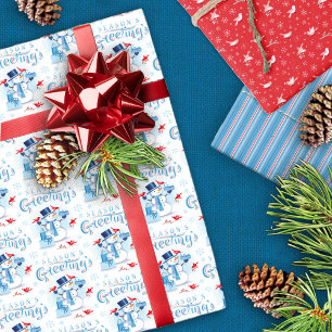 Season's Greetings Cute Blue Snowman Redbirds Wrapping Paper Sheet