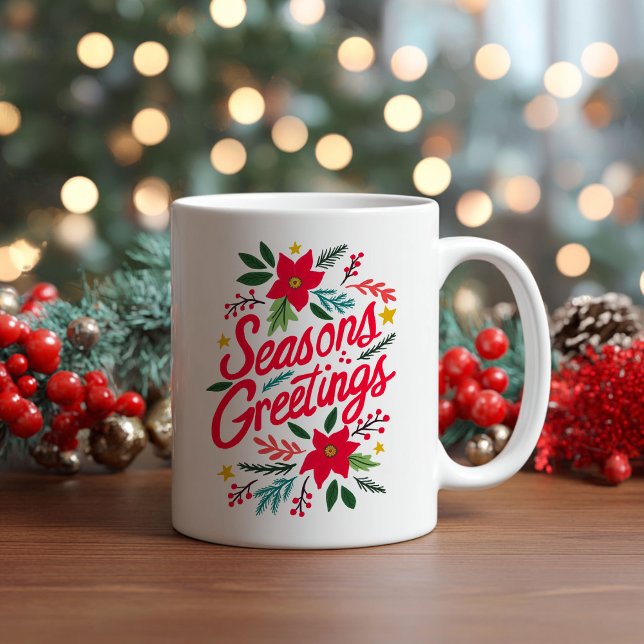 SEASONS GREETINGS Cute Christmas Holidays Foliage Coffee Mug (SEASONS GREETINGS Cute Christmas Holidays Botanical Foliage Hand drawn Coffee Mug
)