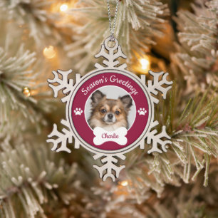 Season's Greetings Cute Dog Photo with Name Paws Snowflake Pewter Christmas Ornament