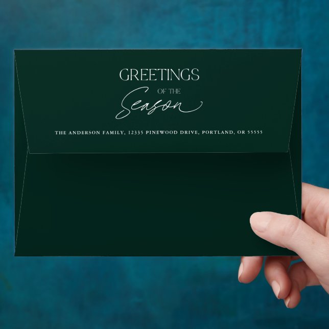 Season's Greetings Dark Green Christmas Holiday Envelope (Hand)