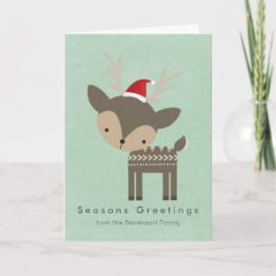 Seasons Greetings Deer In A Red Santa Hat Retro Holiday Card