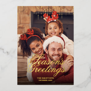 Season's Greetings Dripping Tinsel Christmas Photo Foil Holiday Card