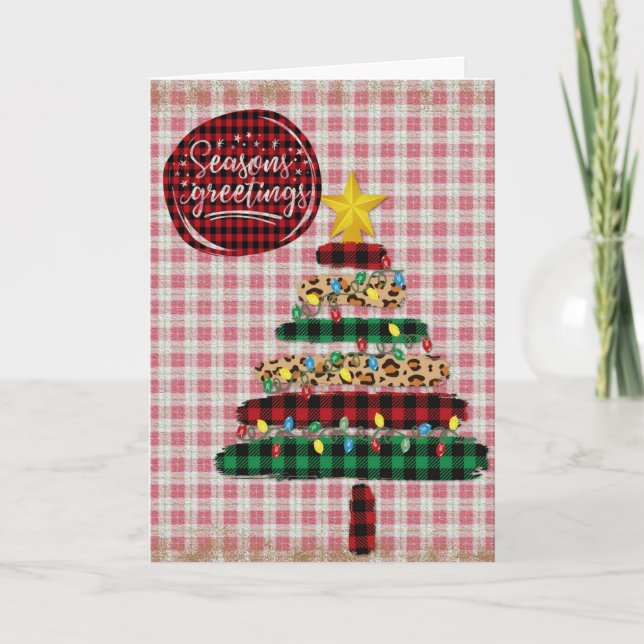 Seasons Greetings Fabric Patterns Christmas Tree Holiday Card (Front)