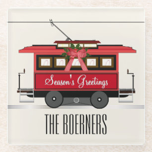 Season's Greetings Family Tram Trolley Streetcar Glass Coaster