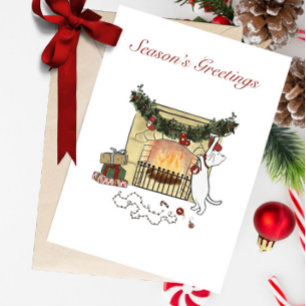 Season's Greetings Fireplace Cat Greeting Card