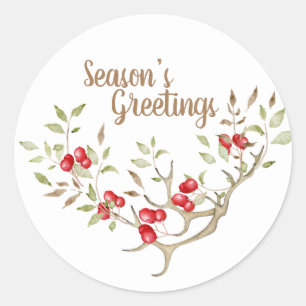 Seasons Greetings Floral Holidays Watercolor Red Classic Round Sticker